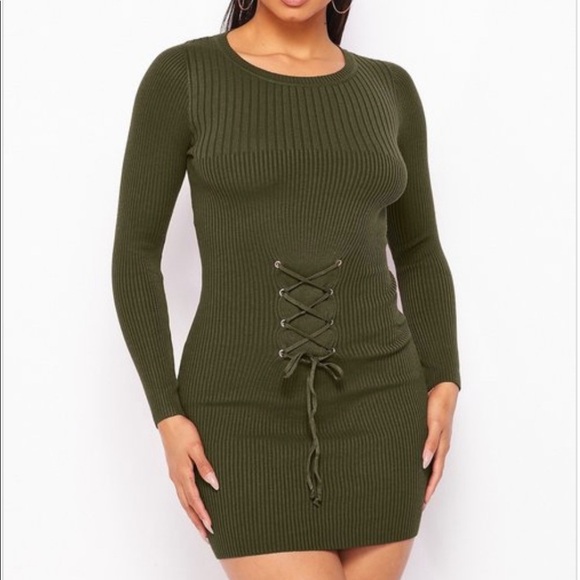 LONG SLEEVE OLIVE GREEN RIBBED SWEATER KNIT FRONT LACE UP WAIST BELT MINI DRESS - Picture 2 of 5